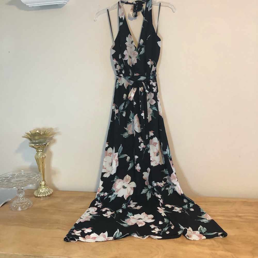 June & Hudson Black Floral Halter Maxi Dress